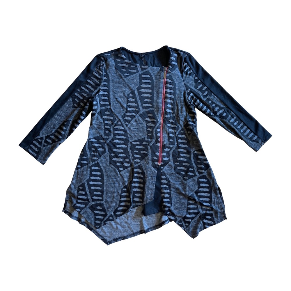 IC by Connie K Mixed Media Textured Lagenlook Geometric Zip Front Tunic Top M